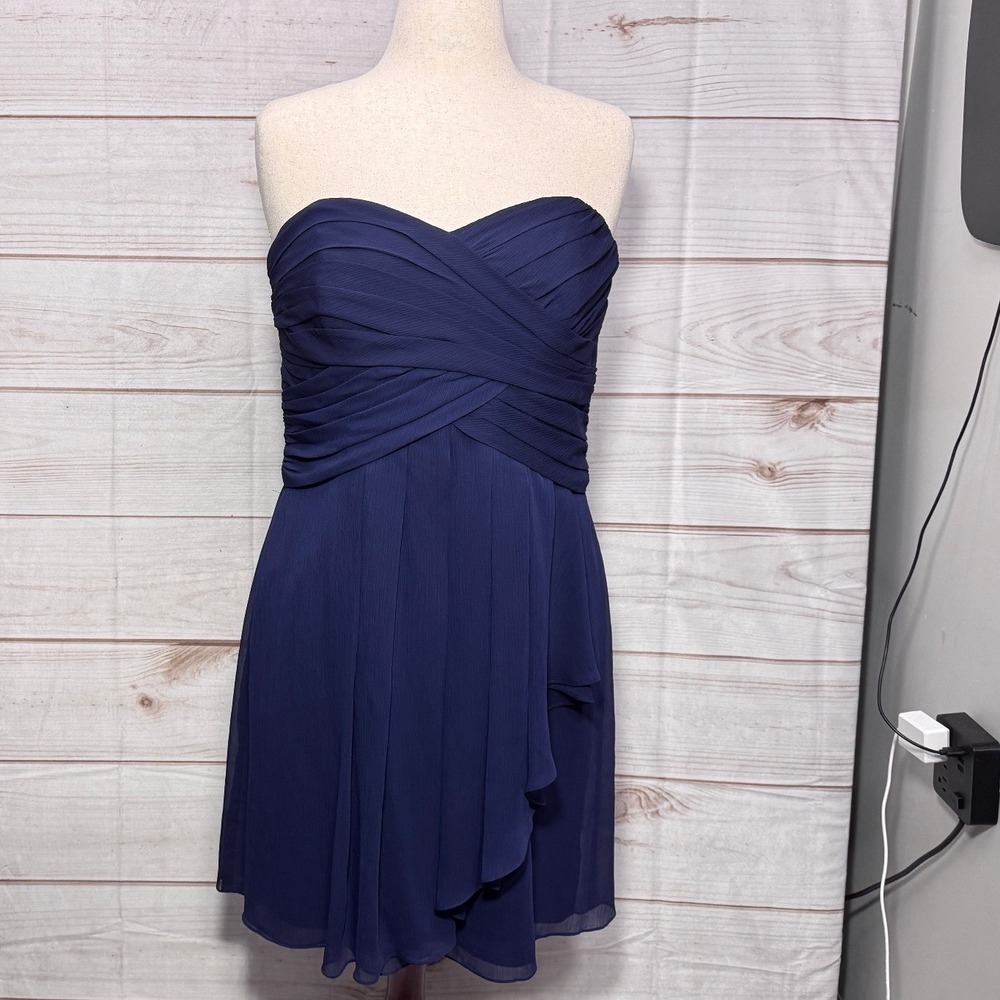 David's Bridal Navy Strapless Chiffon Bridesmaid Dress Sweetheart Knee Length 14